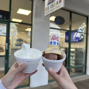 Small Vanilla Cup $4.75 and Small Mint Chocolate M&amp;M Cup Cone $4.75, yummy but why is the scoop so small?? Used to be bigger??