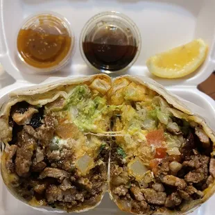 OC burrito with half asada, half pastor