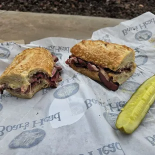 Pastrami with cheese,  mustard,  and the ever-important deli pickle.