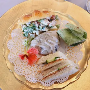 Chicken salad, cucumber on white, turkey spinach wrap,  blueberry scone