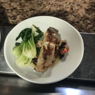 Miso glazed cod with steamed bok choy and a cauliflower salad