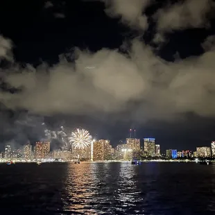 Honolulu skyline at night with fireworks