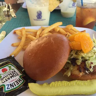 Blackened mahi sandwich &amp; fries and pina colada