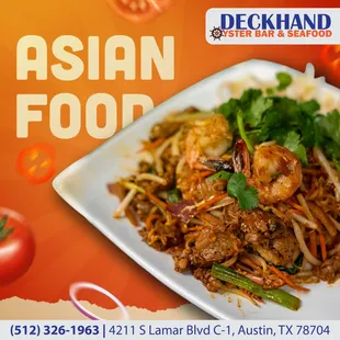 Satisfy your cravings with the irresistible Pad Thai noodles to perfection at Deckhand Oyster Bar - a true delight for your taste buds!