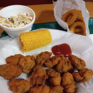 Oysters,  corn, onion and Cole slaw