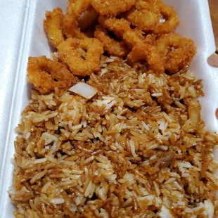 Mom talked about Ocean Blue a couple of months ago, then randomly picked up food there. Here's calamari &amp; fried rice.