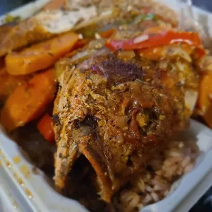 Red Snapper,  mixed veggies, rice&amp;peas and green beans