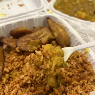 Spicy Jollof Rice and Curry chickpea on a fork