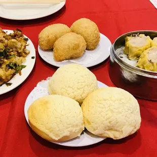 turnip cakes, char siu bao, shu mai, fried glutinous rice pork dumplings