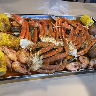 All you can eat, shrimp, snow crab, eggs, potatoes, corn platter