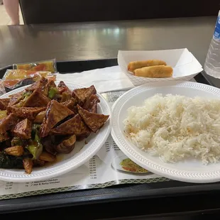 a plate of rice and a plate of meat