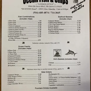 the menu for the restaurant