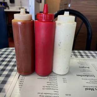 Cocktail sauce, ketchup, and tartar sauce.