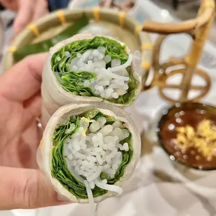 Pork spring rolls up close