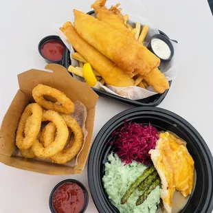 Battered Fish &amp; Chips Pacific Cod with Miso Glaze Fried Calamari