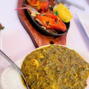 Tandoori Chicken (top); Shrimp Palak (bottom).