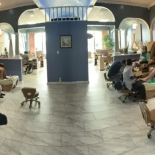 Large pedicure room with 8 comfortable large massage chairs, relaxing music and come with drinks and wine at your request