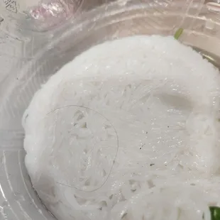 Shredded chicken pho to go. This is what was in my rice noodles. disgusting. Hairnets should be required, even if it&apos;s not asthetic.