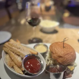 Truffle fries and bacon cheeseburger