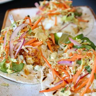 The Blackened Fish Tacos were made with Sea Bass, Brussels Sprout Slaw, Jalapeńo Tartar Sauce, &amp; Lime.
