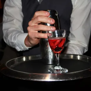 Berries &amp; Bubbles was made with Belvedere Organic Lemon &amp; Basil Vodka, Marinated Blackberries, &amp; Fresh Lemon Juice.