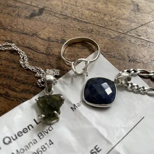 Moldavite necklace ,once a moldavite ring,lapis lazuli pendant