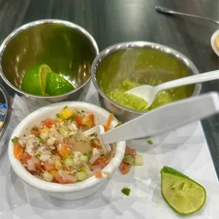 Complementary ceviche - best we be ever had.  I could have eat this for dinner everyday and be happy.  Note: Green sauce is SUPER hot.