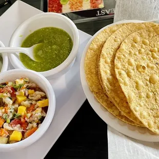 tortilla, salsa, and guacamole