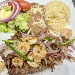 Shrimp and skirt steak.