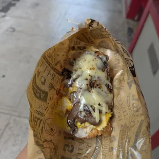 Breakfast canape with mushrooms eggs gruyere