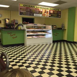 a checkered floor and counter