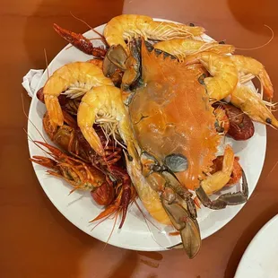 Crab,shrimp,and crawfish.