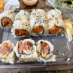 a close up of a plate of sushi