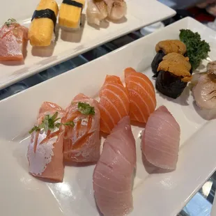 Salmon belly, Fresh Uni, Yellowtail, Japanese scallop, Tamago Sushi