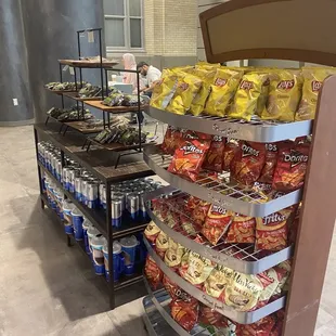 a display of chips and snacks