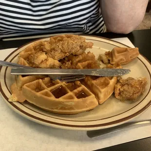Tasteless chicken on top of a dry waffle