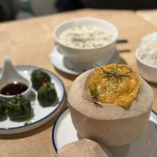 Veggie Dumplings + Tom Kha Gai + Shrimp Coconut Curry