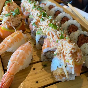 Ebi Nigiri, Seattle Roll, Tuna Roll and the Roaster Salmon