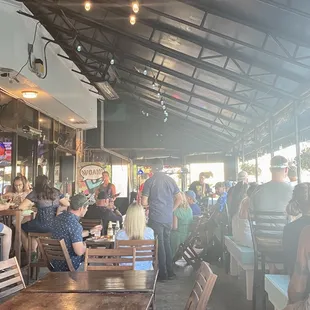 a large group of people sitting at tables in a restaurant