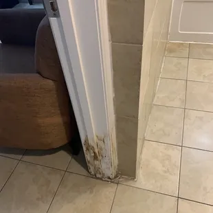 Unknown brown stains on the bathroom doorframe.