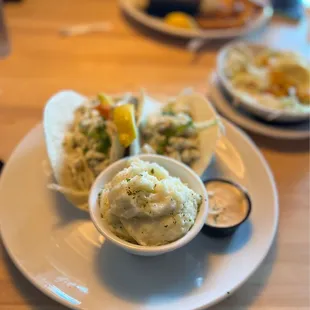 Crab Tacos + garlic mashed potatoes