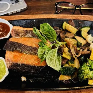 Salmon with veggies.