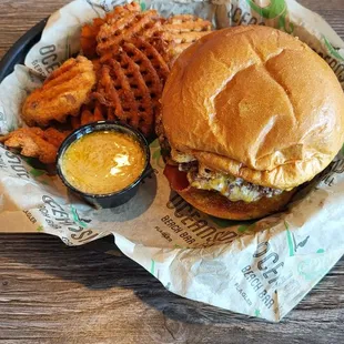 Double cheese burger and waffle sweet potatoes fries