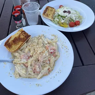 Lobster mac and cheese ($32.99), Greek salad