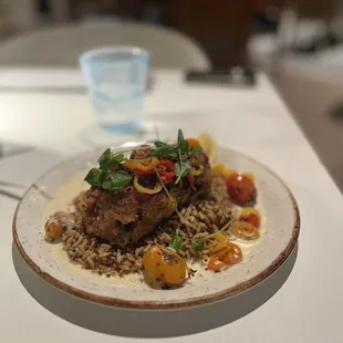 Black Grouper shrimp &amp; chorizo crust + southern grains fire-roasted pepper + sunburned tomato