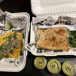 Carnitas taco, steak quesadilla