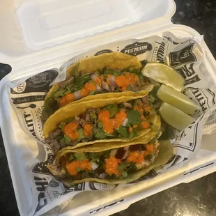 (2) steak, (1) chicken street tacos with the hottest sauce they had.