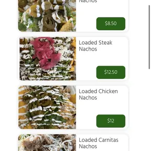 Nacho prices from online menu