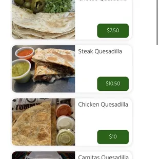 Quesadillas prices from online menu
