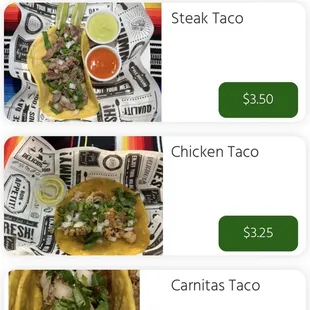 Taco prices from online menu